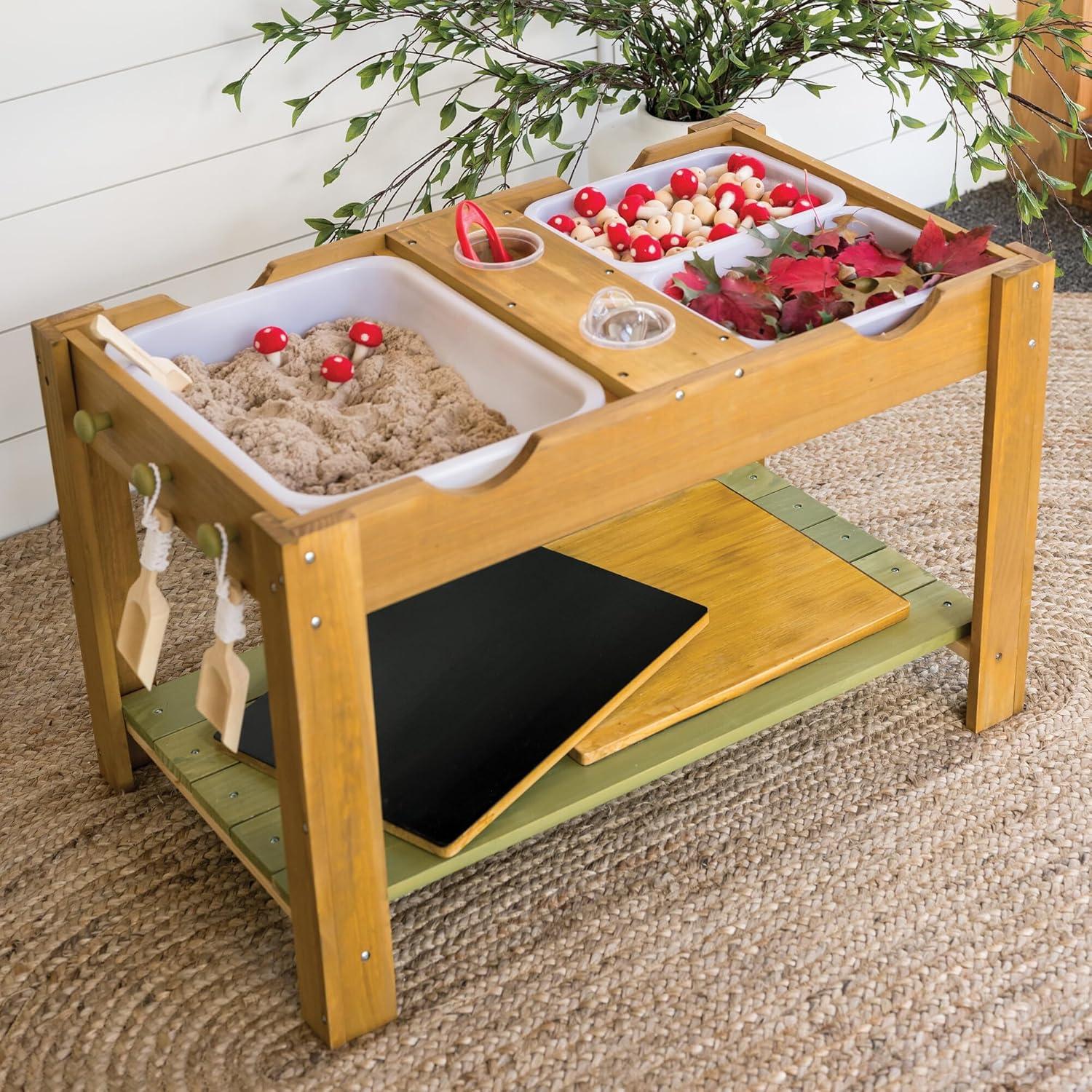imageMindWare Sensory Sprouts Sensory Table Sturdy Wooden Activity Table with 3 Sensory Bins Cups and Hooks for Tactile Play Indoor or Outdoor Use for Kids Ages 3 Sensory Play Gift for Kids