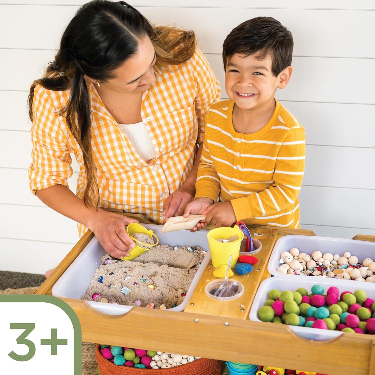 imageMindWare Sensory Sprouts Sensory Table Sturdy Wooden Activity Table with 3 Sensory Bins Cups and Hooks for Tactile Play Indoor or Outdoor Use for Kids Ages 3 Sensory Play Gift for Kids