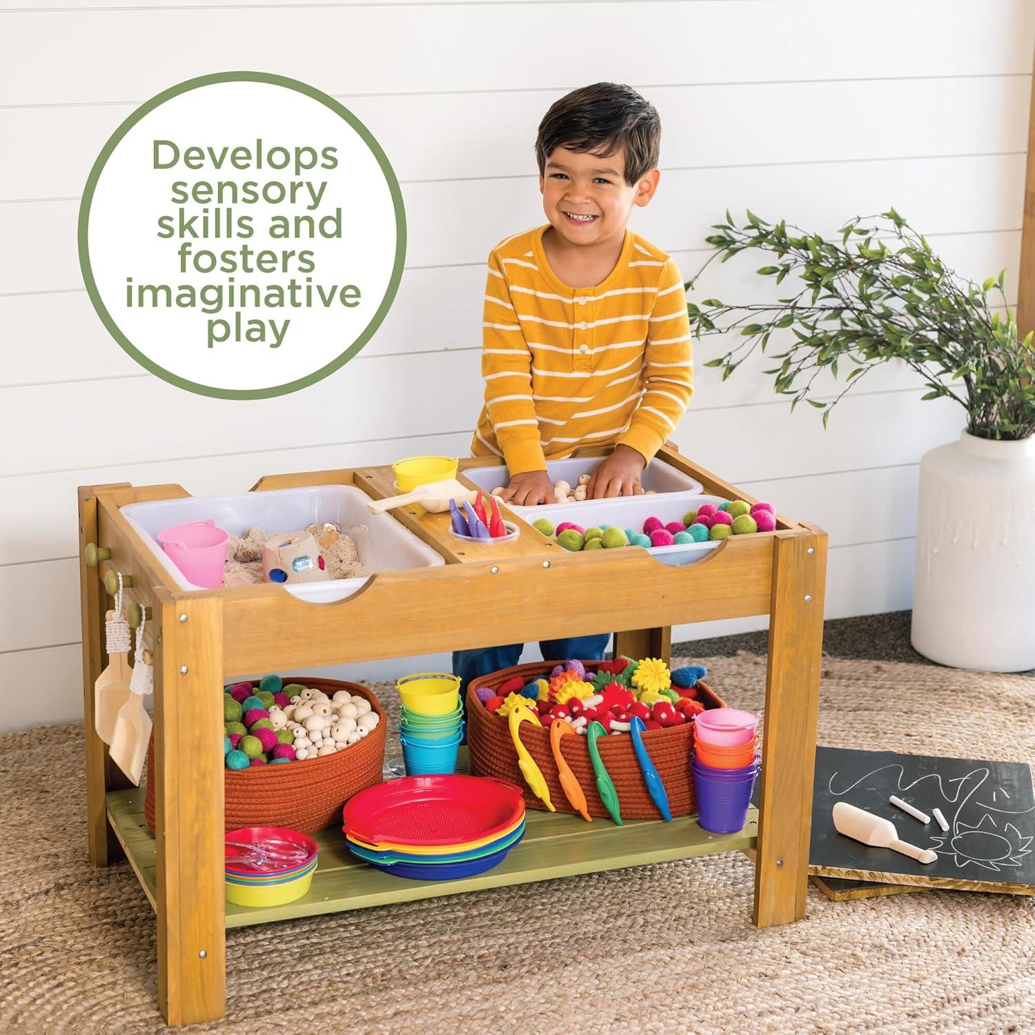 imageMindWare Sensory Sprouts Sensory Table Sturdy Wooden Activity Table with 3 Sensory Bins Cups and Hooks for Tactile Play Indoor or Outdoor Use for Kids Ages 3 Sensory Play Gift for Kids