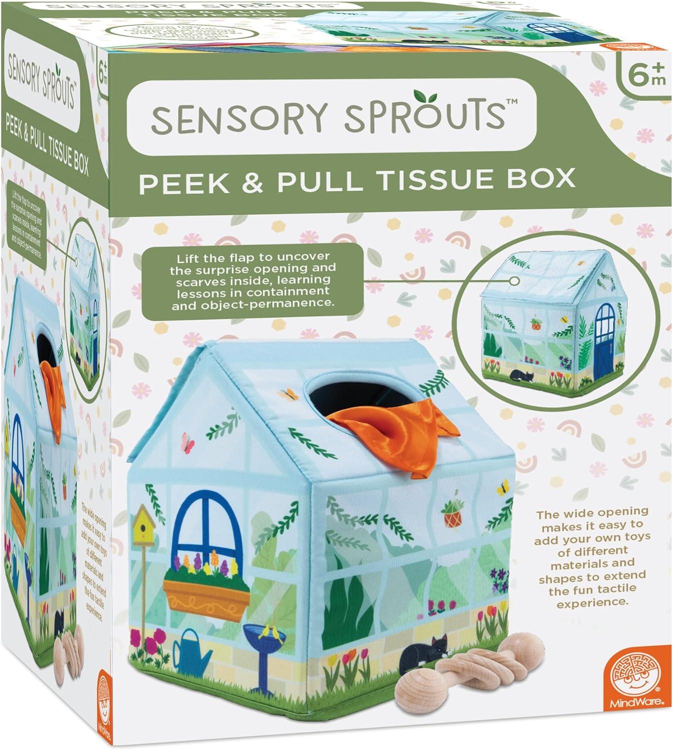 imageMindWare Sensory Sprouts Tissue Scarf Montessori Toys for Babies 612 Months Soft GreenhouseShaped Tissue Box and 12 Sensory Scarves Featuring Different Textures