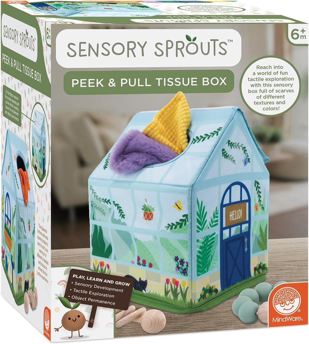 imageMindWare Sensory Sprouts Tissue Scarf Montessori Toys for Babies 612 Months Soft GreenhouseShaped Tissue Box and 12 Sensory Scarves Featuring Different Textures
