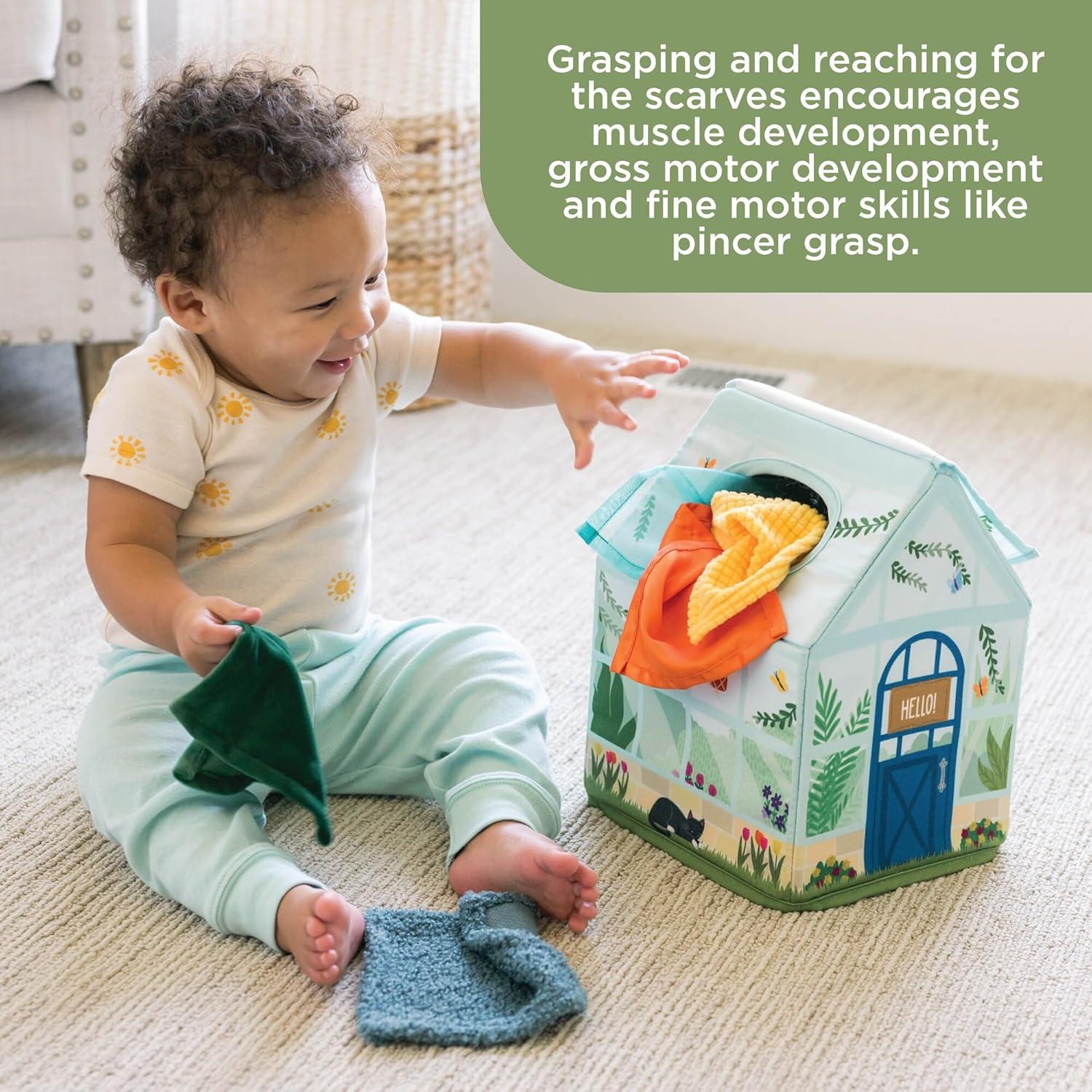 imageMindWare Sensory Sprouts Tissue Scarf Montessori Toys for Babies 612 Months Soft GreenhouseShaped Tissue Box and 12 Sensory Scarves Featuring Different Textures