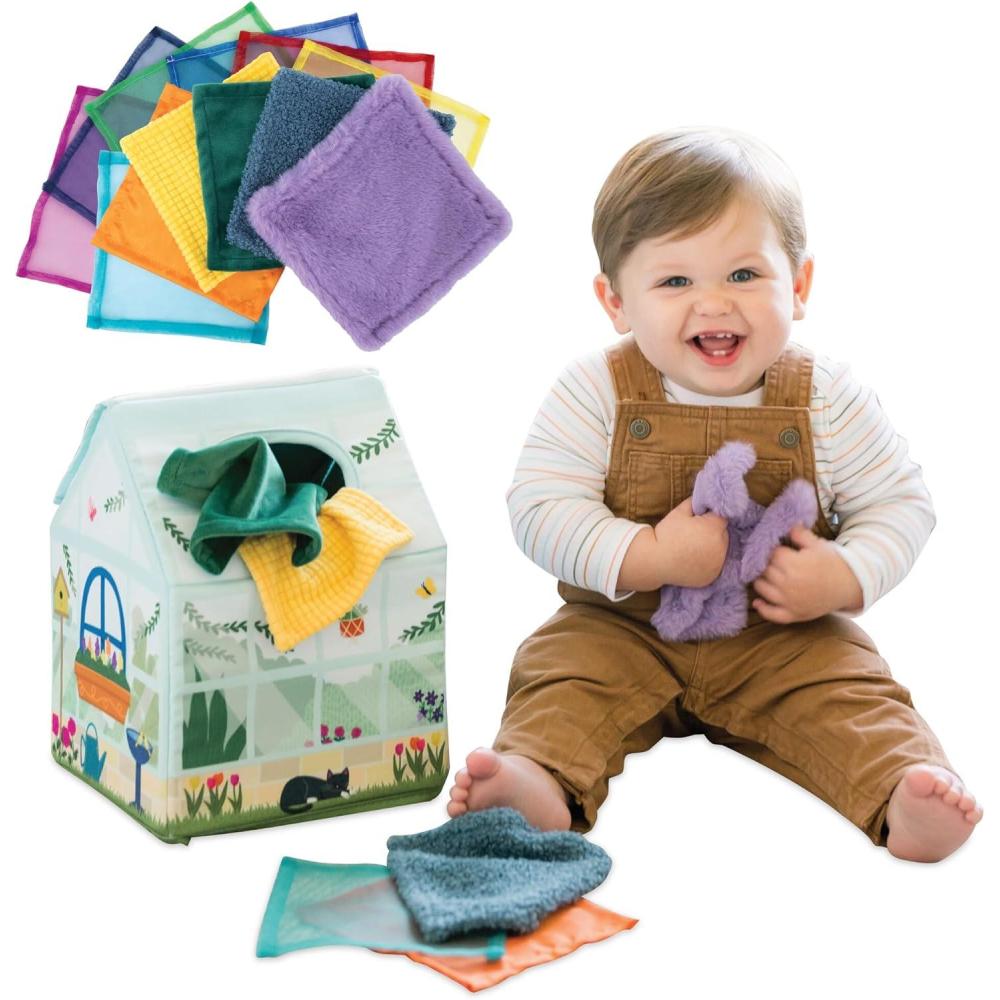 imageMindWare Sensory Sprouts Tissue Scarf  Montessori Toys for Babies 612 Months  Soft GreenhouseShaped Tissue Box and 12 Sensory Scarves Featuring Different Textures