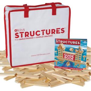 MindWare KEVA Structures 400 Plank Wooden Building Blocks Set – Includes 400 Pine KEVA Planks, Canvas Storage Bag and Full-Color Idea Book