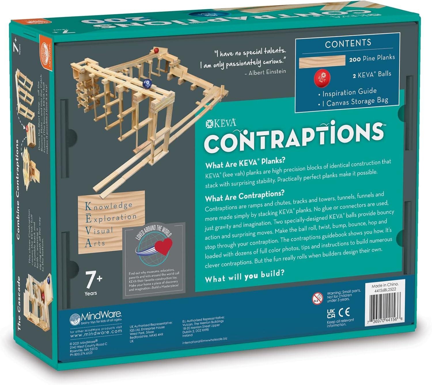 imageMindWare KEVA Contraptions Wooden Blocks Building Set Marble Run Kit Includes 2 Balls 200 Planks