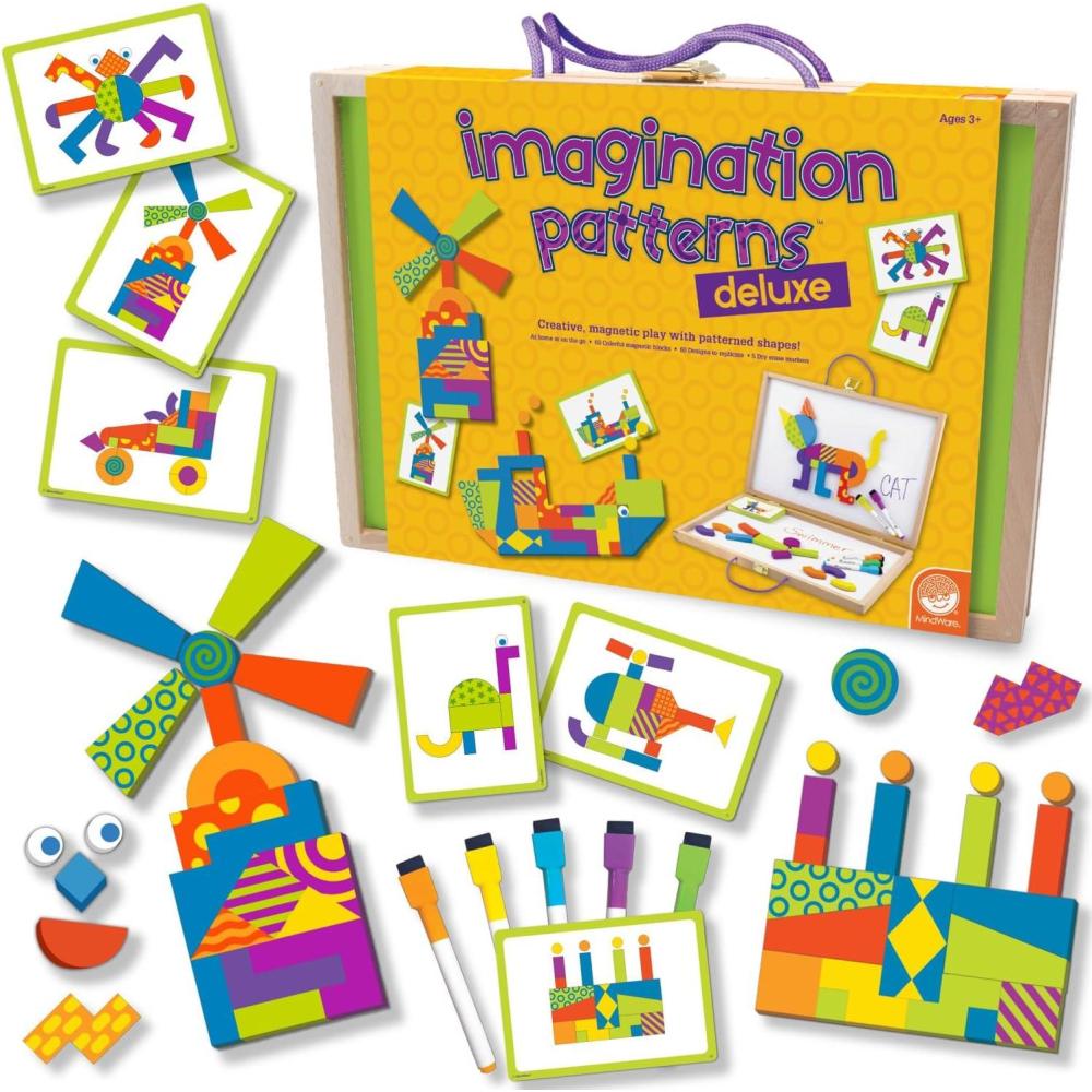 imageMindWare Imagination Patterns Creative Magnetic Play with Patterned Tangram Shapes Includes 60 Magnetic Blocks 60 Puzzle Cards Dry Erase Markers ampamp Wood Case Deluxe