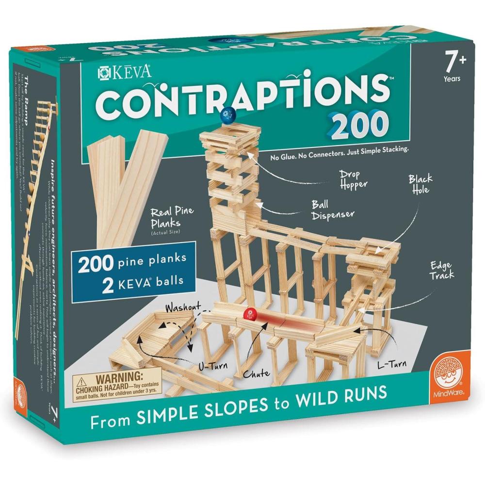 imageMindWare KEVA Contraptions Wooden Blocks Building Set Marble Run Kit Includes 2 Balls 200 Planks