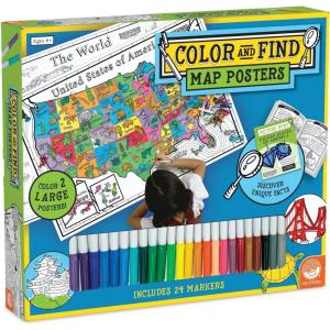 MindWare Color and Find Map Posters: The World and The United States of America – Large Coloring Posters for Kids Ages 6 & Up – Teach Geography, Landmarks and Cultures Around The World