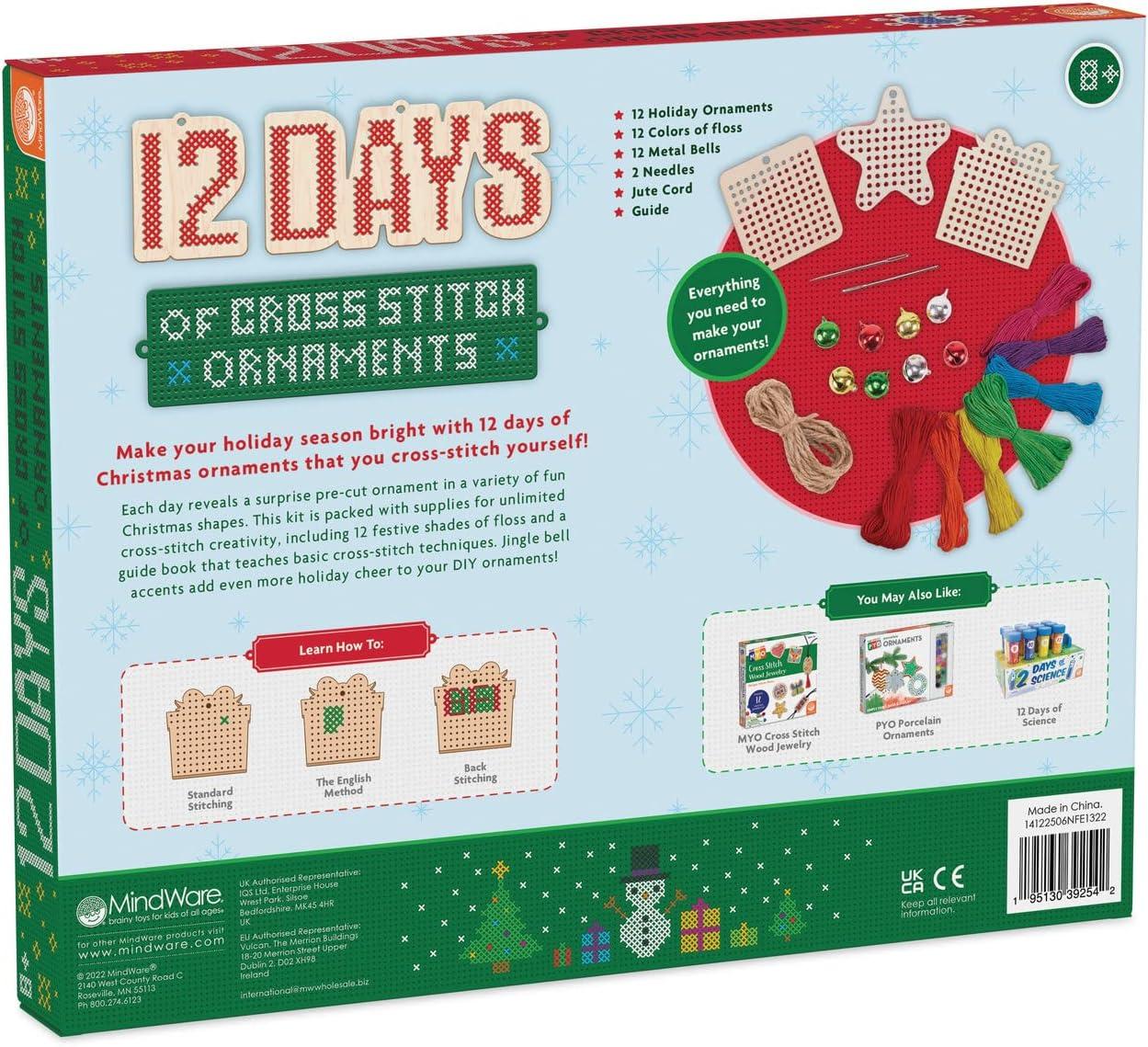 imageMindWare 12 Days Of Cross Stitch Ornaments Advent Calendar Wooden Christmas Ornament Craft Kit With Daily Stitch Projects Embroidery Floss Needles Bells Kids Age 8 Holiday Countdown Activity