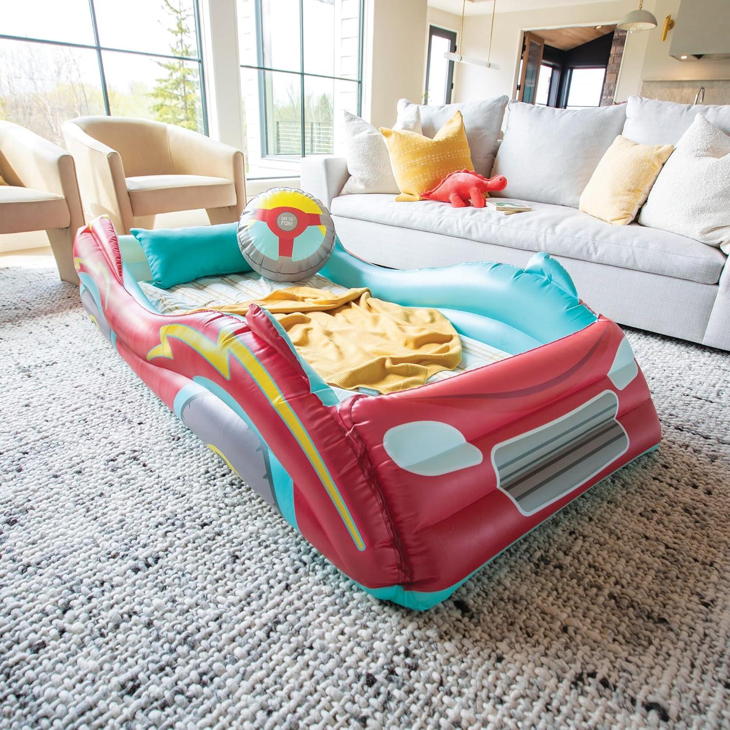 imageMindWare Oh So Fun Inflatable Racecar Bed Twin Size Kids Travel Car Mattress with Sides Including Hand Pump ampamp Storage Bag