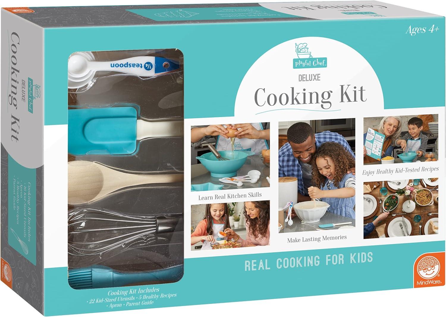 imageMindWare Playful Chef Deluxe Cooking set for kids 22 kidsized utensils with colorcoded measuring tools 5 healthy recipes ampamp apron Real cooking lessons for boys ampamp girls Ages 4 ampamp up
