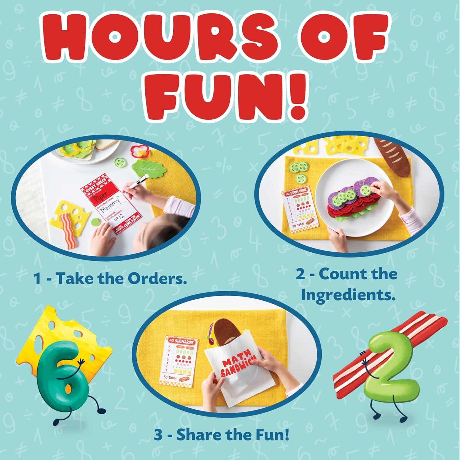imagePeaceable Kingdom Math Sandwich Game Preschool Math Games for Kids Ages 3 and Up Includes 100 Felt Food Pieces 10 Menu Cards Dry Erase Marker ampamp Guest Check Tablet for Pretend Restaurant Play