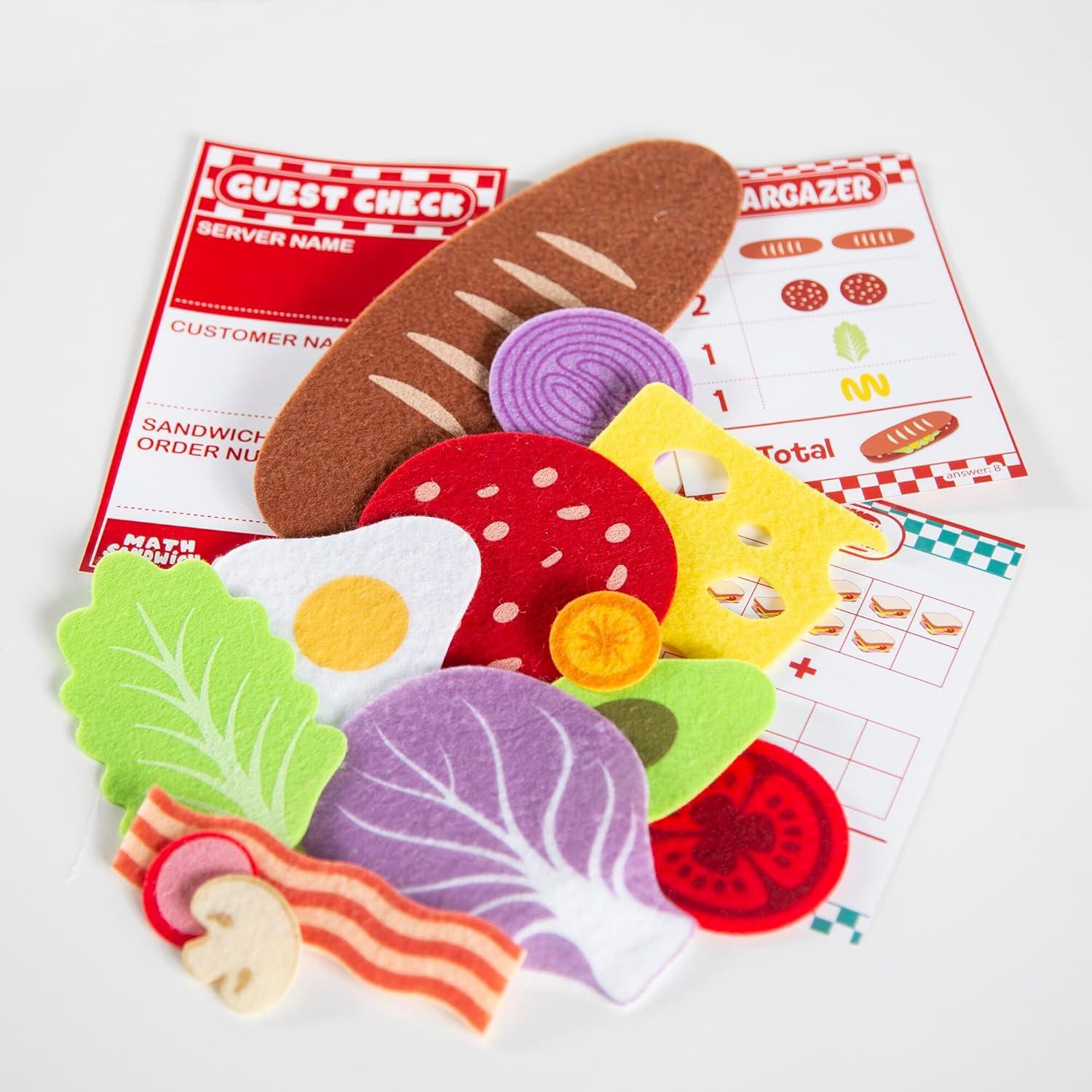 imagePeaceable Kingdom Math Sandwich Game Preschool Math Games for Kids Ages 3 and Up Includes 100 Felt Food Pieces 10 Menu Cards Dry Erase Marker ampamp Guest Check Tablet for Pretend Restaurant Play