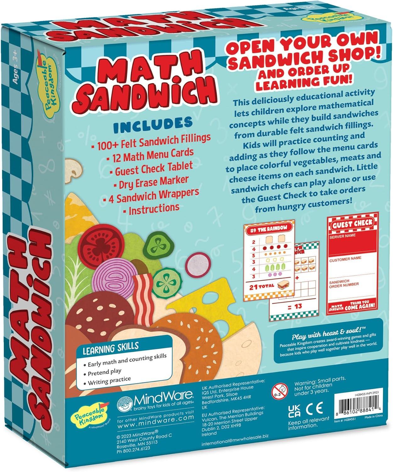 imagePeaceable Kingdom Math Sandwich Game Preschool Math Games for Kids Ages 3 and Up Includes 100 Felt Food Pieces 10 Menu Cards Dry Erase Marker ampamp Guest Check Tablet for Pretend Restaurant Play