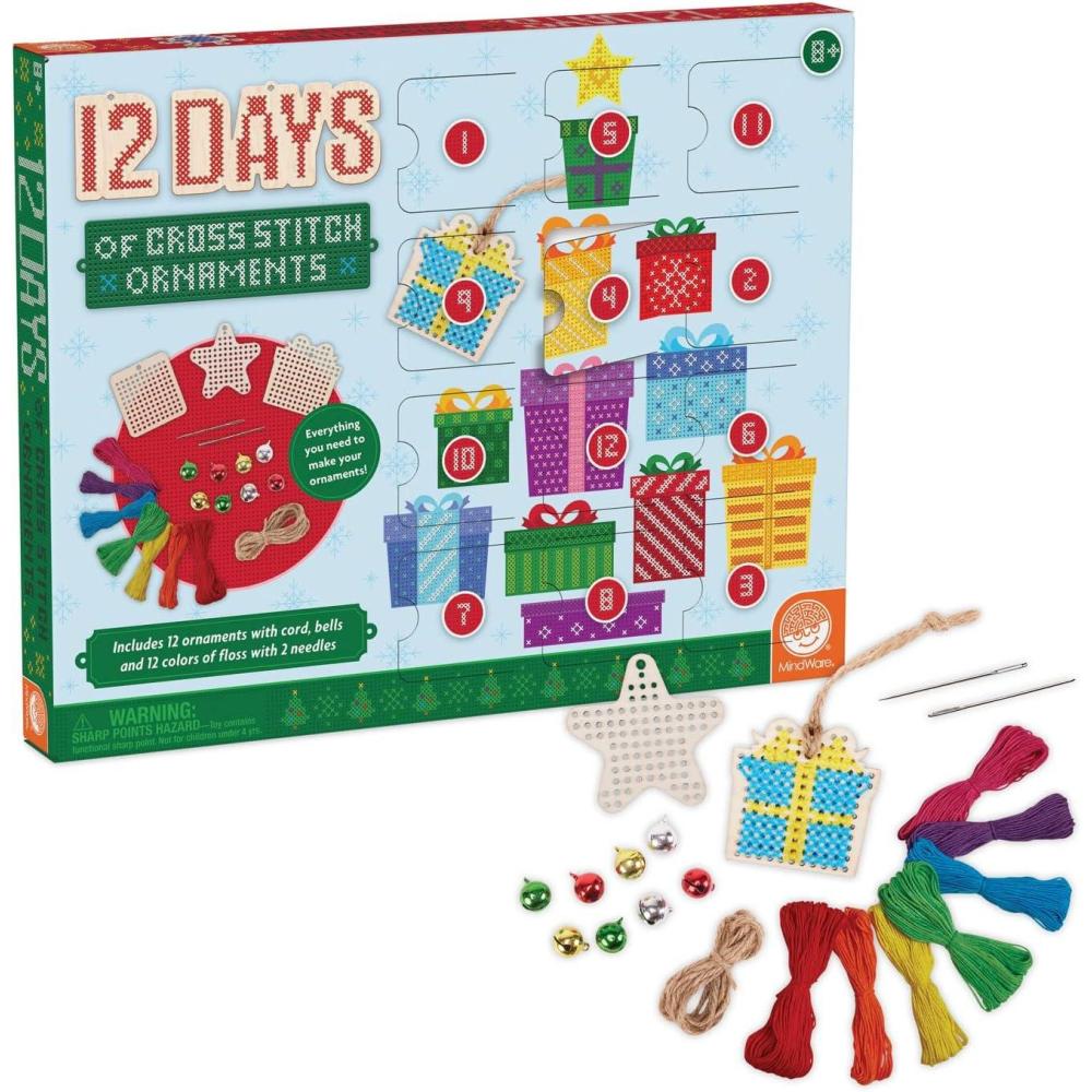 imageMindWare 12 Days Of Cross Stitch Ornaments Advent Calendar Wooden Christmas Ornament Craft Kit With Daily Stitch Projects Embroidery Floss Needles Bells Kids Age 8 Holiday Countdown Activity