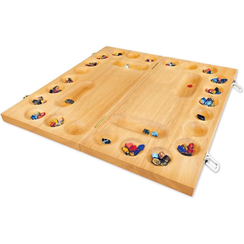 imageMindWare 4 Player Wooden Mancala Board Game with Foldable Board and Mancala Stone Movers 2 to 4 Players