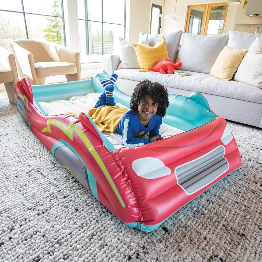 imageMindWare Oh So Fun Inflatable Racecar Bed Twin Size Kids Travel Car Mattress with Sides Including Hand Pump ampamp Storage Bag