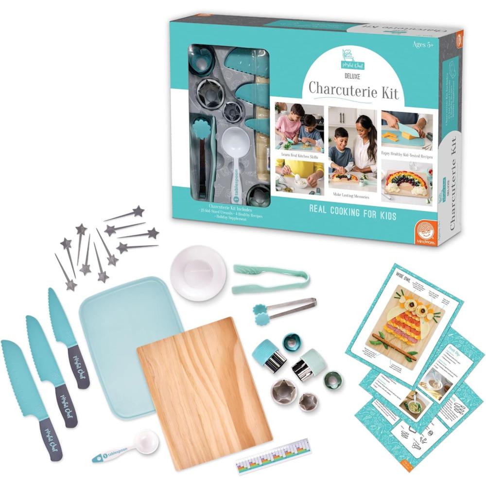 imageMindWare Playful Chef Deluxe Charcuterie Kit Real Kids Cooking Set 25 Kids Cooking Utensils Including Safe Knife Set Charcuterie Board Cutting Board Ages 5