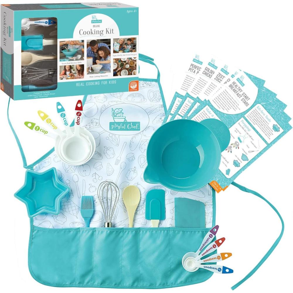 imageMindWare Playful Chef Deluxe Cooking set for kids 22 kidsized utensils with colorcoded measuring tools 5 healthy recipes ampamp apron Real cooking lessons for boys ampamp girls Ages 4 ampamp up