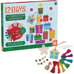 MindWare 12 Days Of Cross Stitch Ornaments Advent Calendar, Wooden Christmas Ornament Craft Kit With Daily Stitch Projects Embroidery Floss Needles Bells, Kids Age 8+, Holiday Countdown Activity