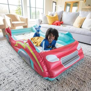 MindWare Oh So Fun! Inflatable Racecar Bed – Twin Size Kids Travel Car Mattress with Sides Including Hand Pump & Storage Bag