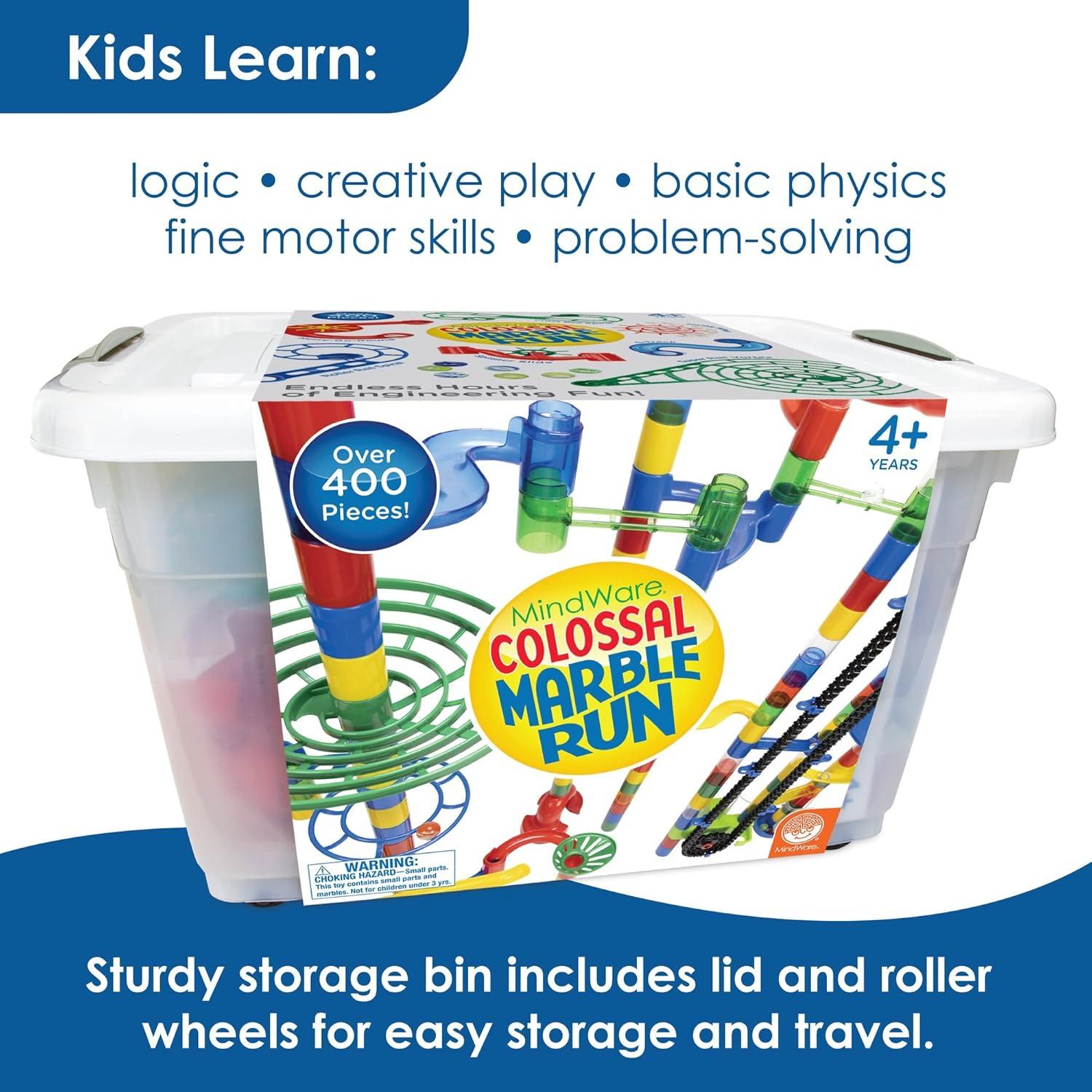 imageMindWare Colossal Elevator Marble Run 400Piece Marble Maze Building Toys Set with Unique Marble Track Pieces 150 Tubes 9 Funnels 50 Marbles and More with Wheeled Storage Bin