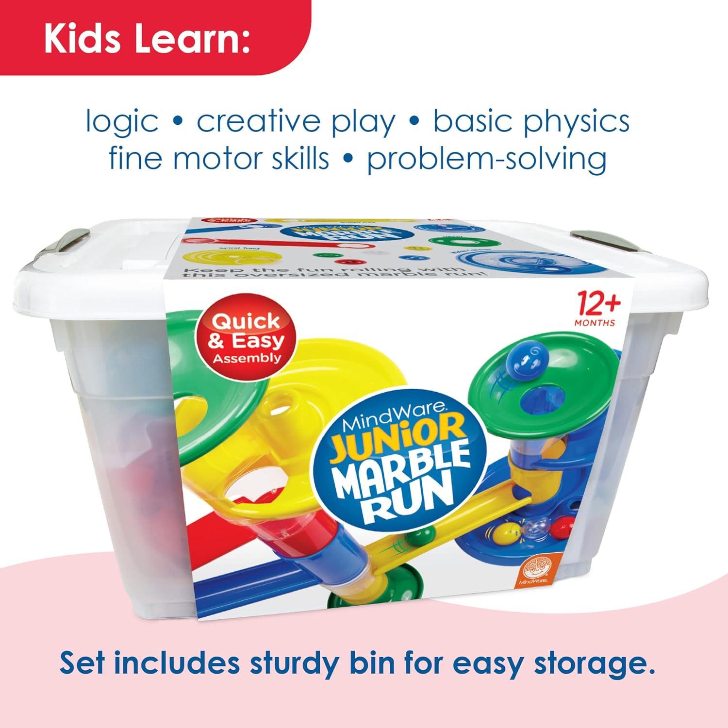 imageMindWare Junior Marble Run My First Marble Run Set Toddler Building Game Marble Maze Toddler Building Toy Set with Oversized Marble Track Pieces and 5 Giant Marbles for Kids 12 Months and Up