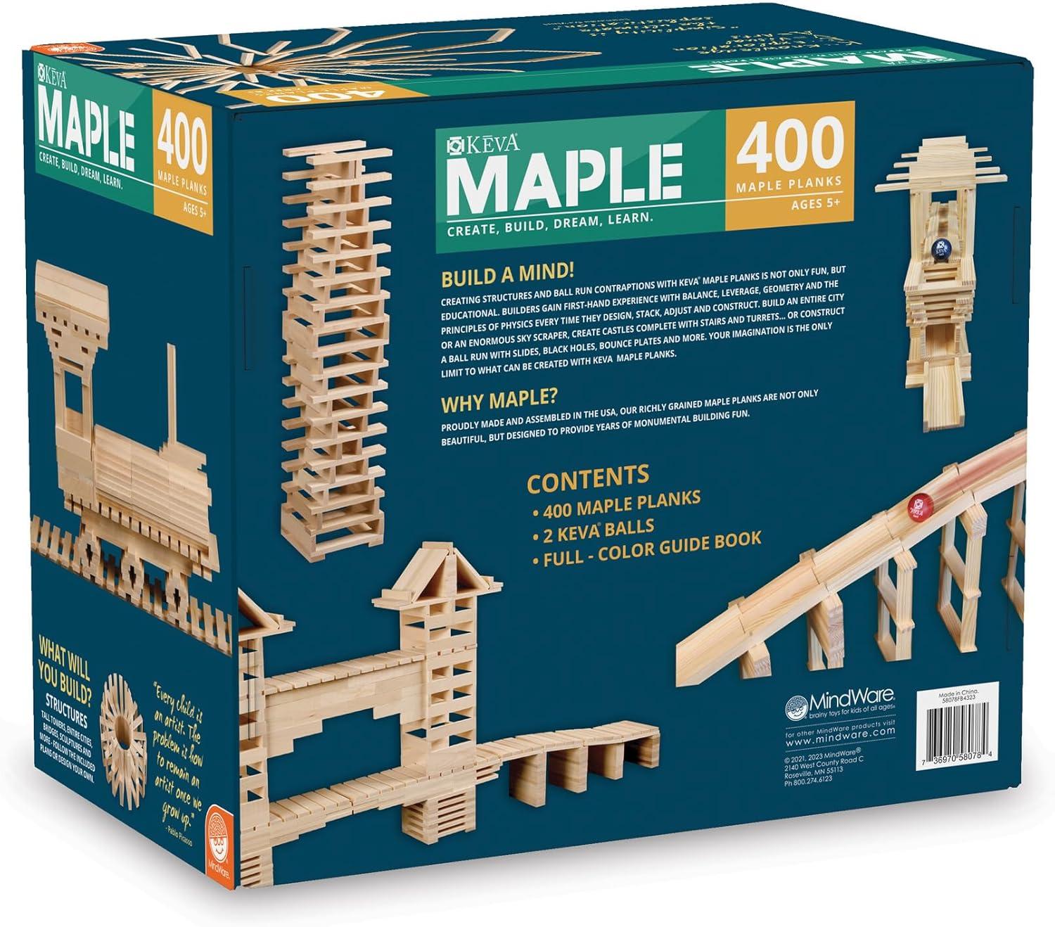 imageMindWare KEVA 400 Maple Wood Building Planks Set Building Toy Includes 400 Wooden Blocks 2 KEVA Balls and Idea Book Ages 5
