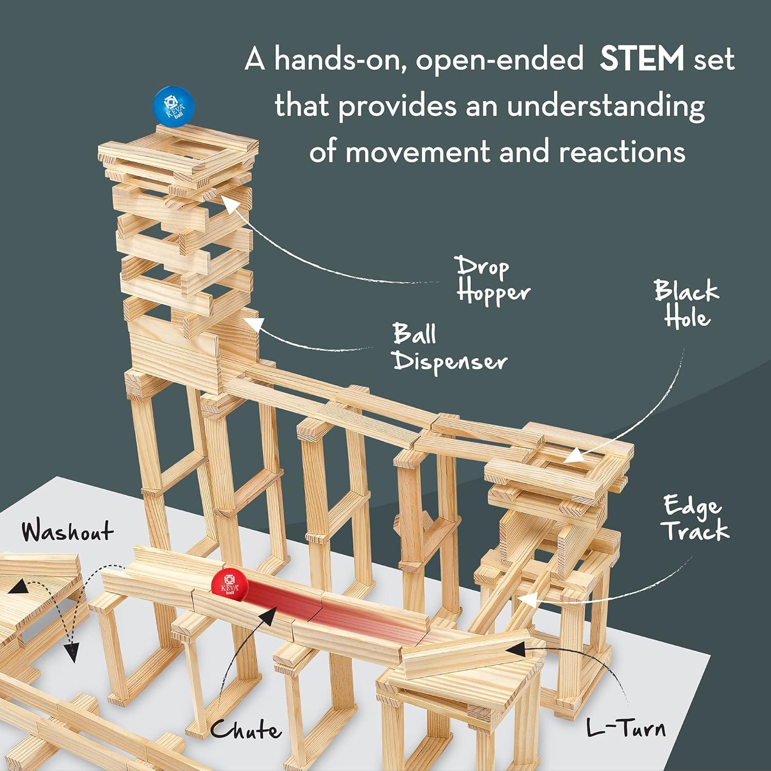 imageMindWare KEVA Contraptions Wooden Blocks Building Set Marble Run Kit Includes 2 Balls 400 Planks