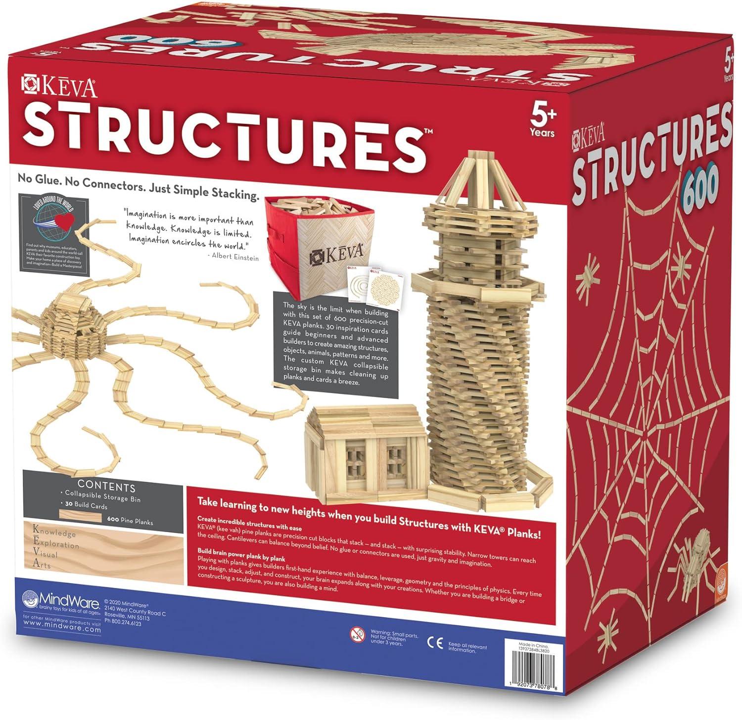 imageMindWare KEVA Structures 600 Plank Wooden Building Blocks Set Includes 600 Pine KEVA Planks 30 Idea Cards and Collapsible Storage Bin