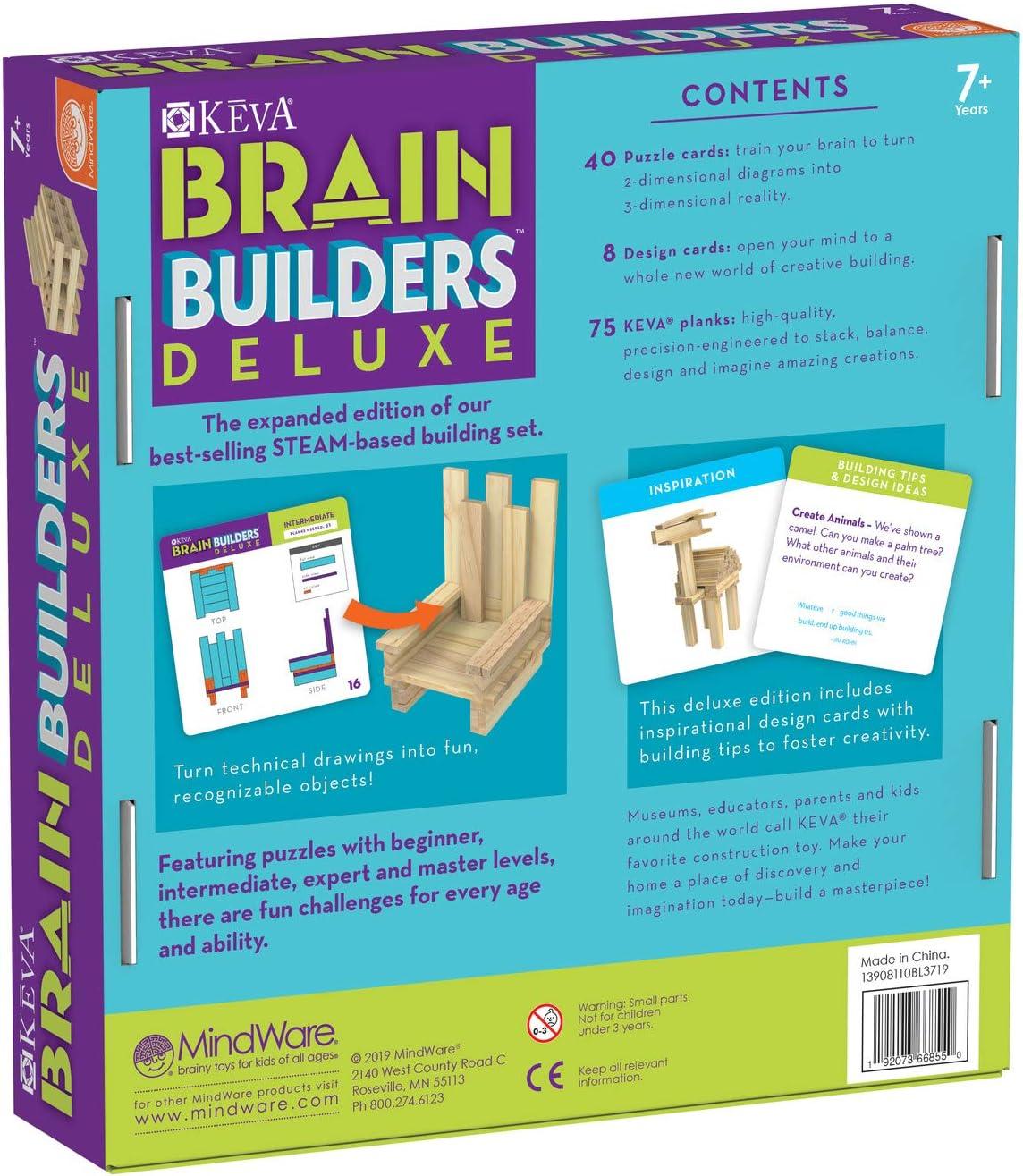 imageMindWare Keva Brain Builders Deluxe STEM Building Toy Includes 75 KEVA Planks 40 Puzzle Cards 8 Design Cards 3D Building Skills for Kids Ages 7