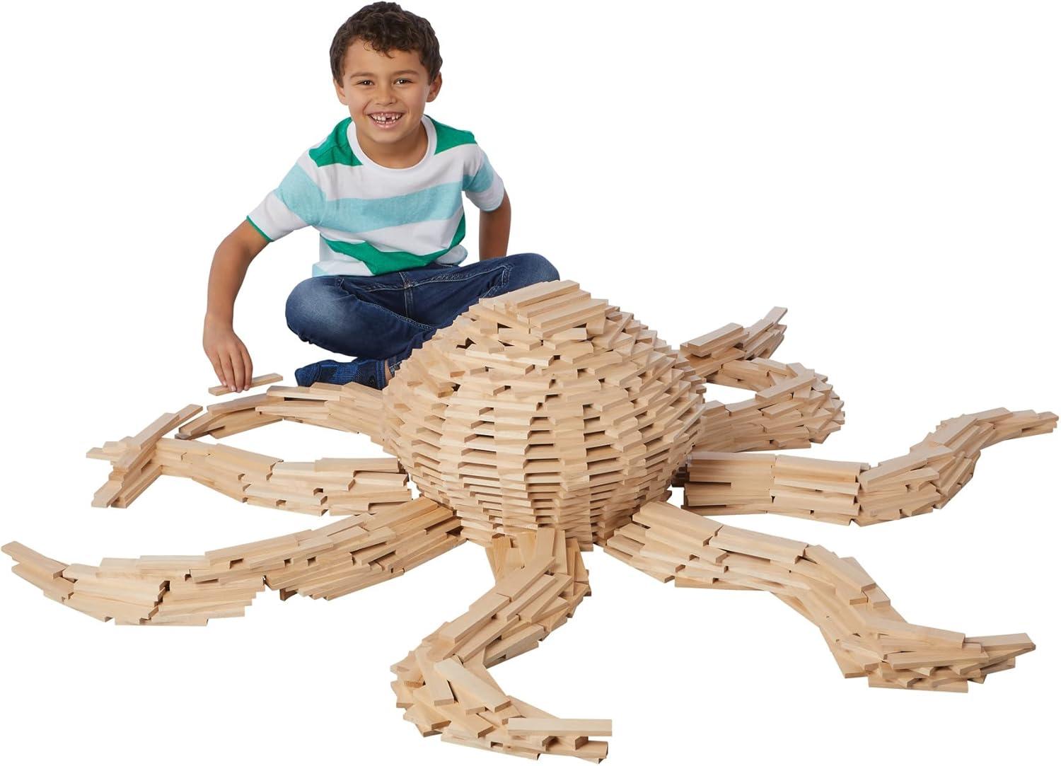 imageMindWare Maple 800 Plank Wooden Building Blocks Set FreeForm 3D Structure Building Set for Kids Includes 800 Maple Planks 16 KEVA Balls 2 Canvas Storage Bags and Guide Book
