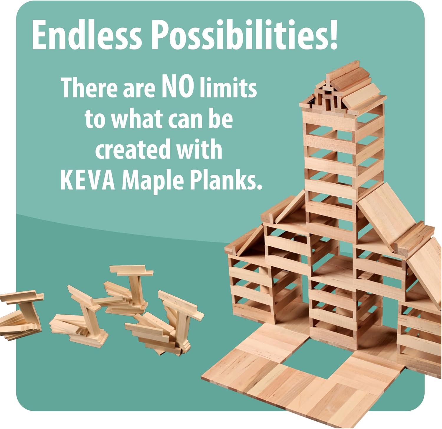 imageMindWare Maple 800 Plank Wooden Building Blocks Set FreeForm 3D Structure Building Set for Kids Includes 800 Maple Planks 16 KEVA Balls 2 Canvas Storage Bags and Guide Book