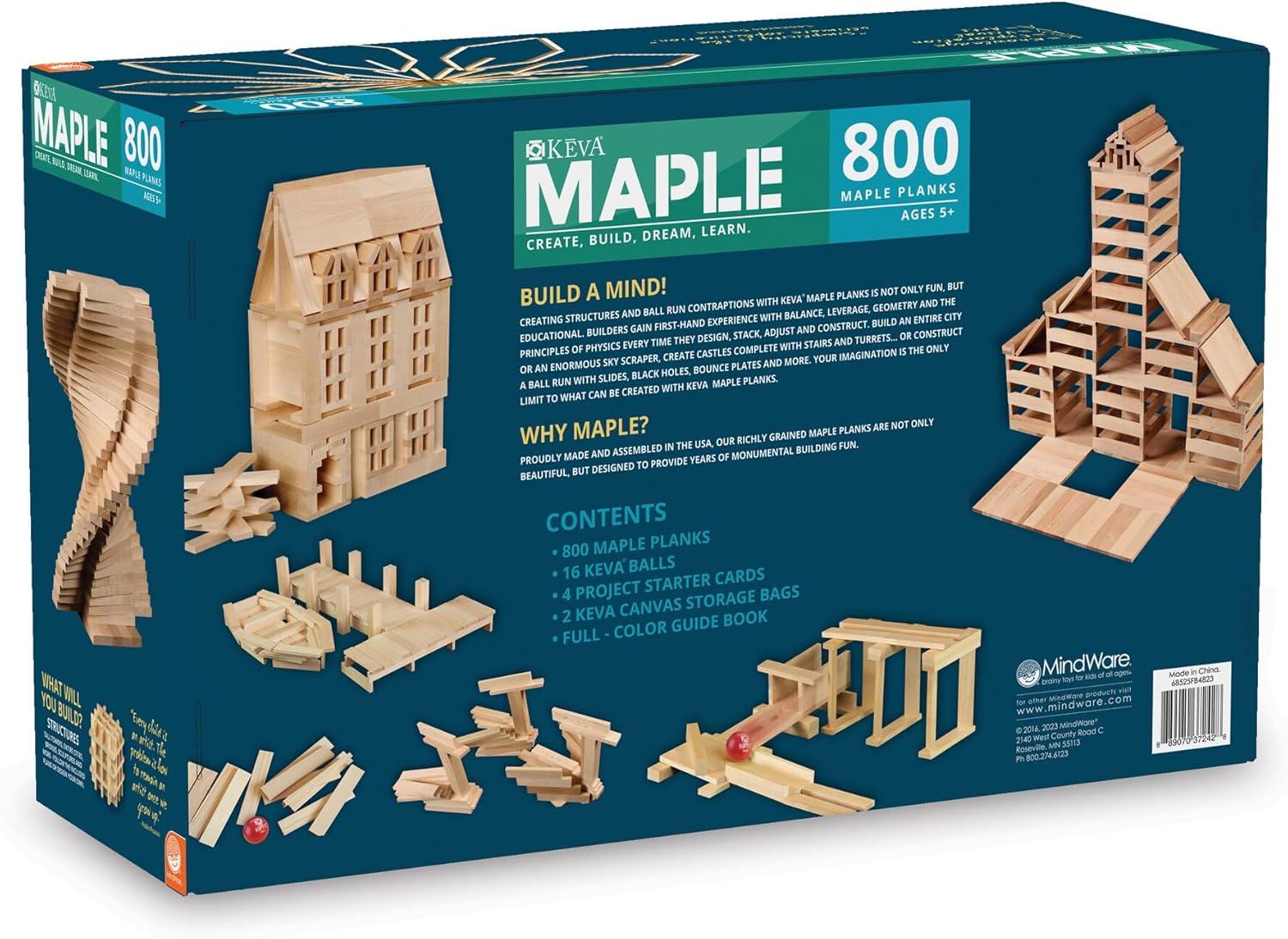 imageMindWare Maple 800 Plank Wooden Building Blocks Set FreeForm 3D Structure Building Set for Kids Includes 800 Maple Planks 16 KEVA Balls 2 Canvas Storage Bags and Guide Book
