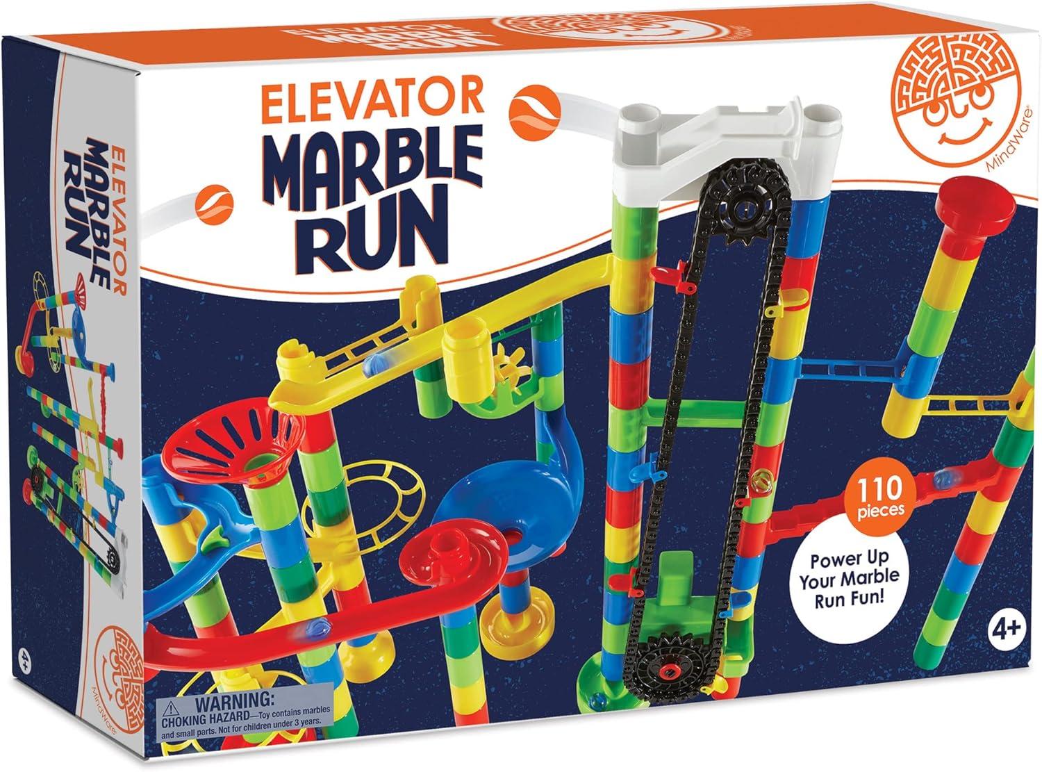 imageMindWare Marble Run 110 Piece Building Set with 82 Track Pieces 15 Marbles and Motorized ElevatorMotorized Elevator