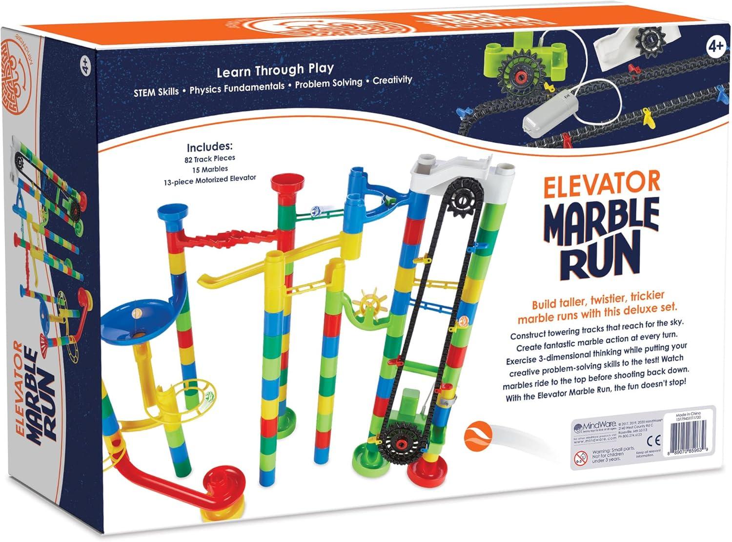 imageMindWare Marble Run 110 Piece Building Set with 82 Track Pieces 15 Marbles and Motorized ElevatorMotorized Elevator