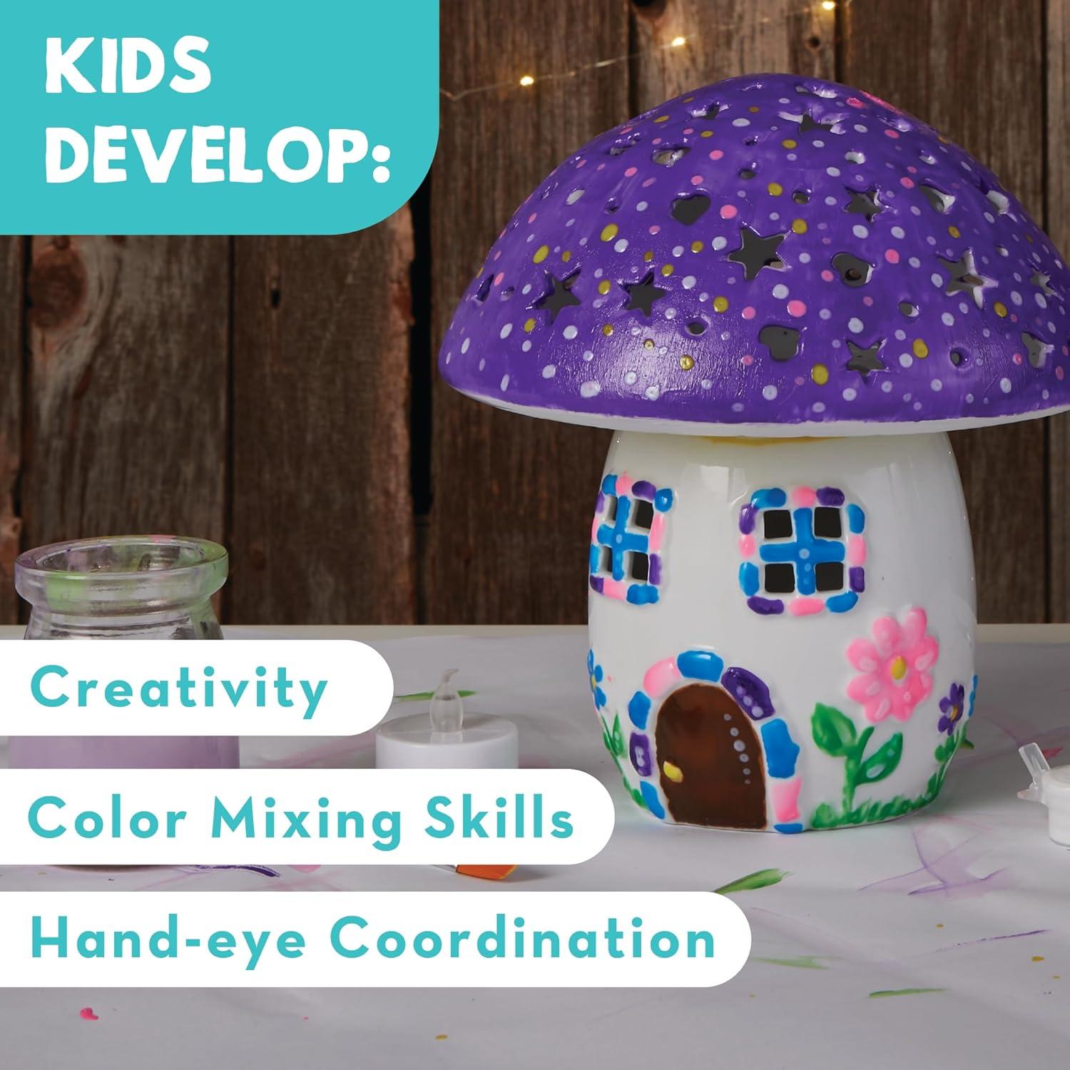 imageMindWare Paint Your Own Fairy Mushroom House Light Craft Kit Includes 2 Tea Lights Paint Brushes and Instruction Guide
