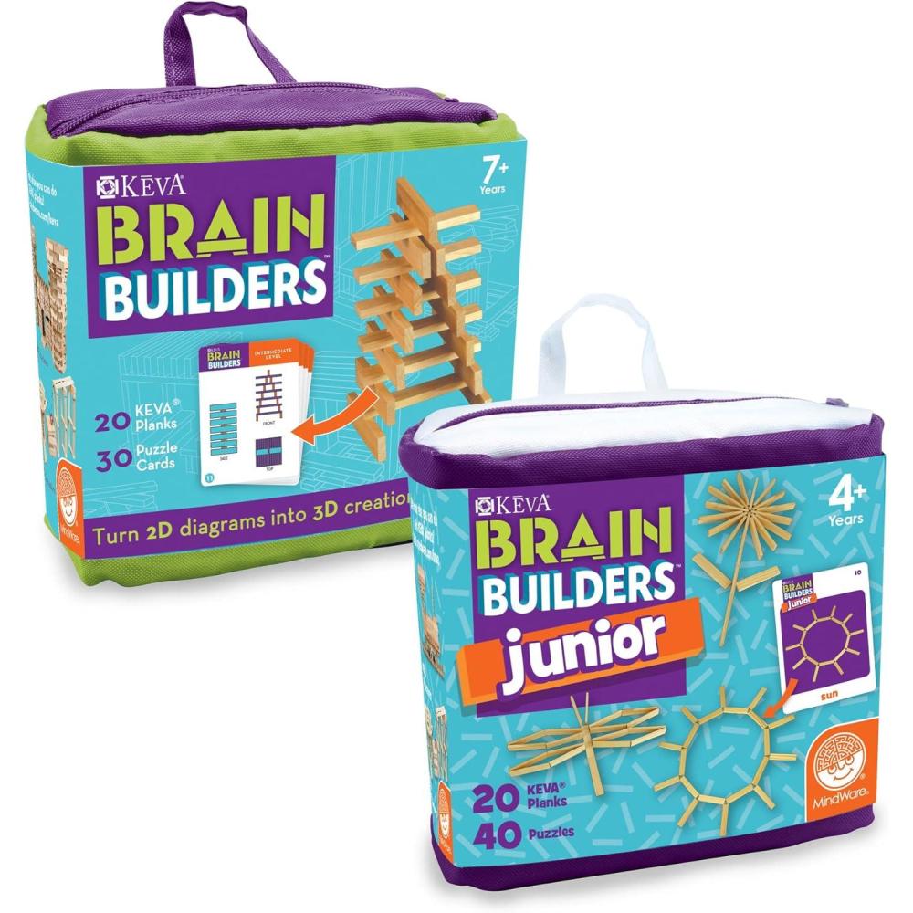 imageMindWare KEVA Brain Builders Set of 2 Original KEVA Brain Builders and KEVA Brain Builders Junior Great Addition to STEM Building Toys and Classroom Games 40 Planks ampamp 70 Puzzles Total