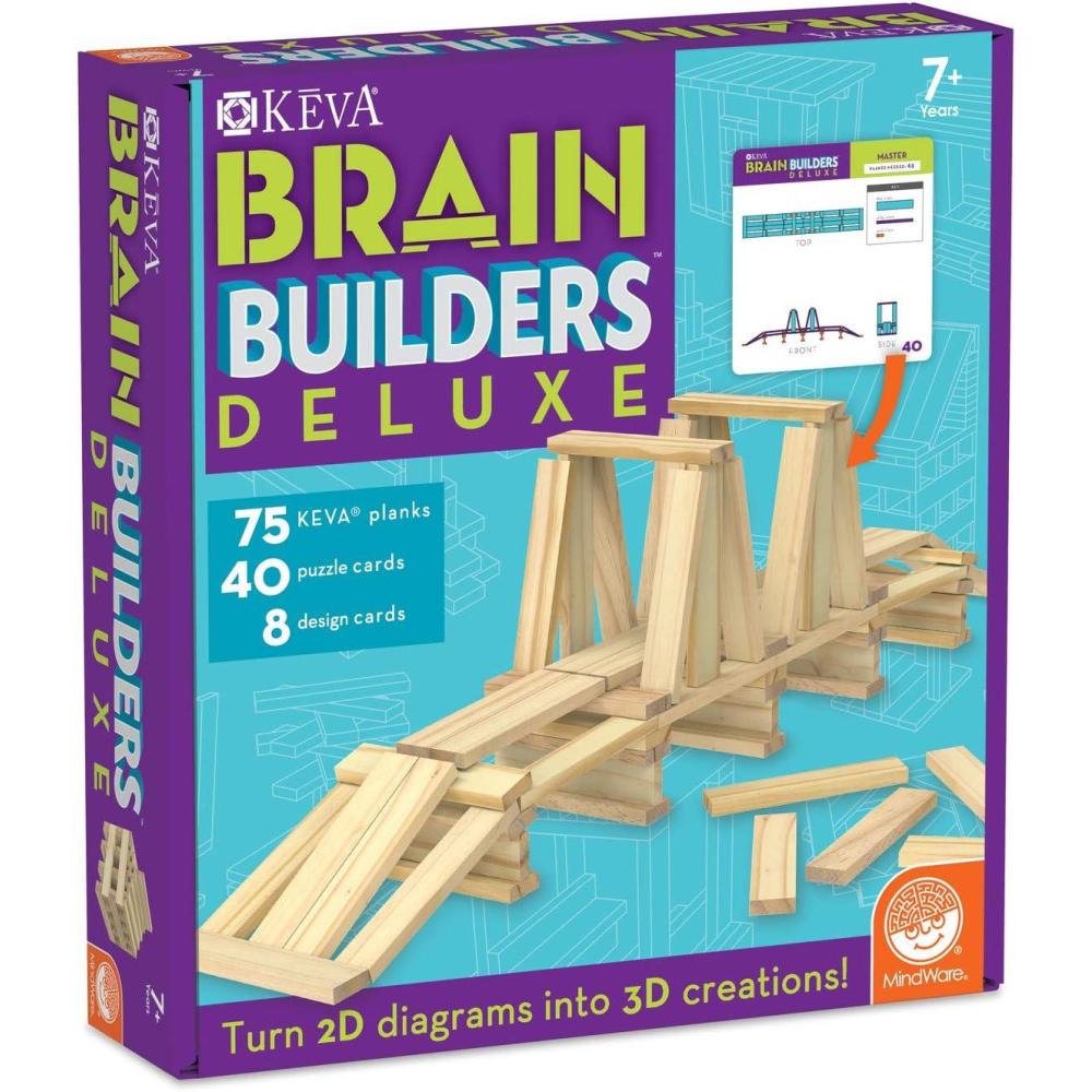imageMindWare Keva Brain Builders Deluxe STEM Building Toy Includes 75 KEVA Planks 40 Puzzle Cards 8 Design Cards 3D Building Skills for Kids Ages 7