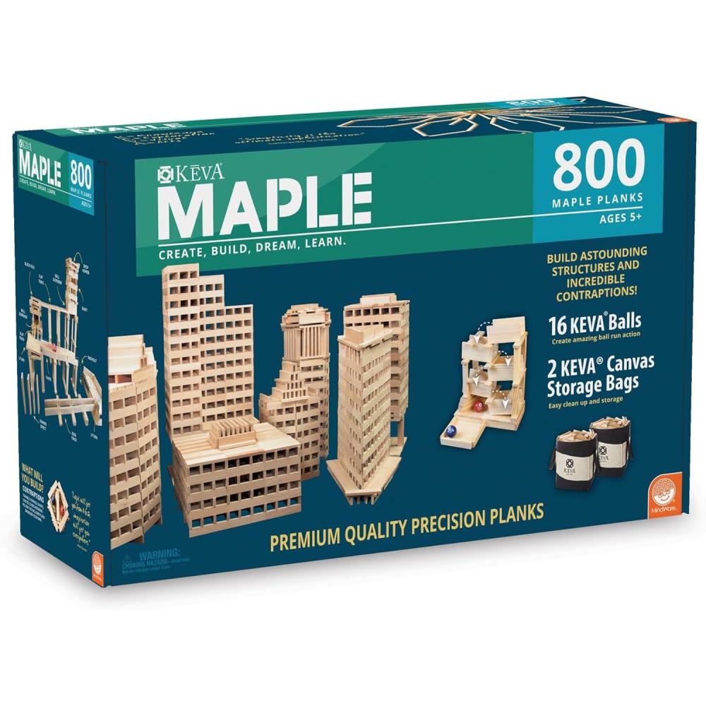 imageMindWare Maple 800 Plank Wooden Building Blocks Set FreeForm 3D Structure Building Set for Kids Includes 800 Maple Planks 16 KEVA Balls 2 Canvas Storage Bags and Guide Book