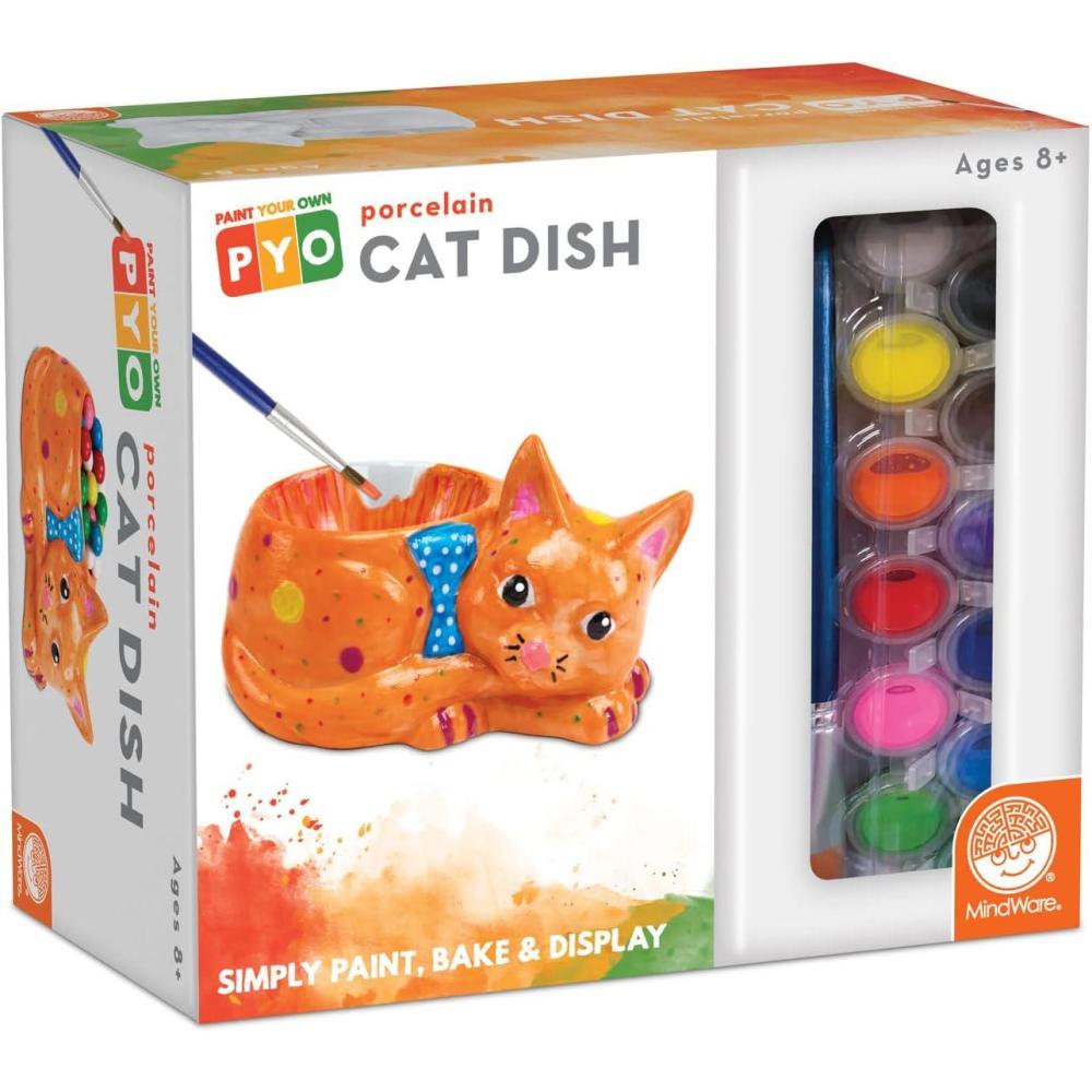 imageMindWare Paint Your Own Cat Dish  Porcelain Painting Figures for Kids Teens ampamp Adults Ages 8 ampamp Up  Includes 12 Paints and 2 Brushes
