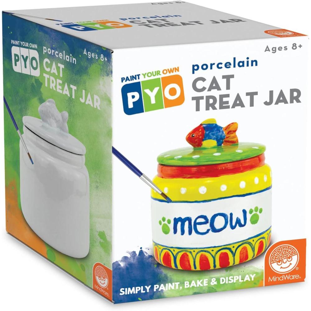 imageMindWare Paint Your Own PYO Cat Treat Jar Craft Kit for Kids Includes Porcelain Treat Jar Paint Brushes and Instructions
