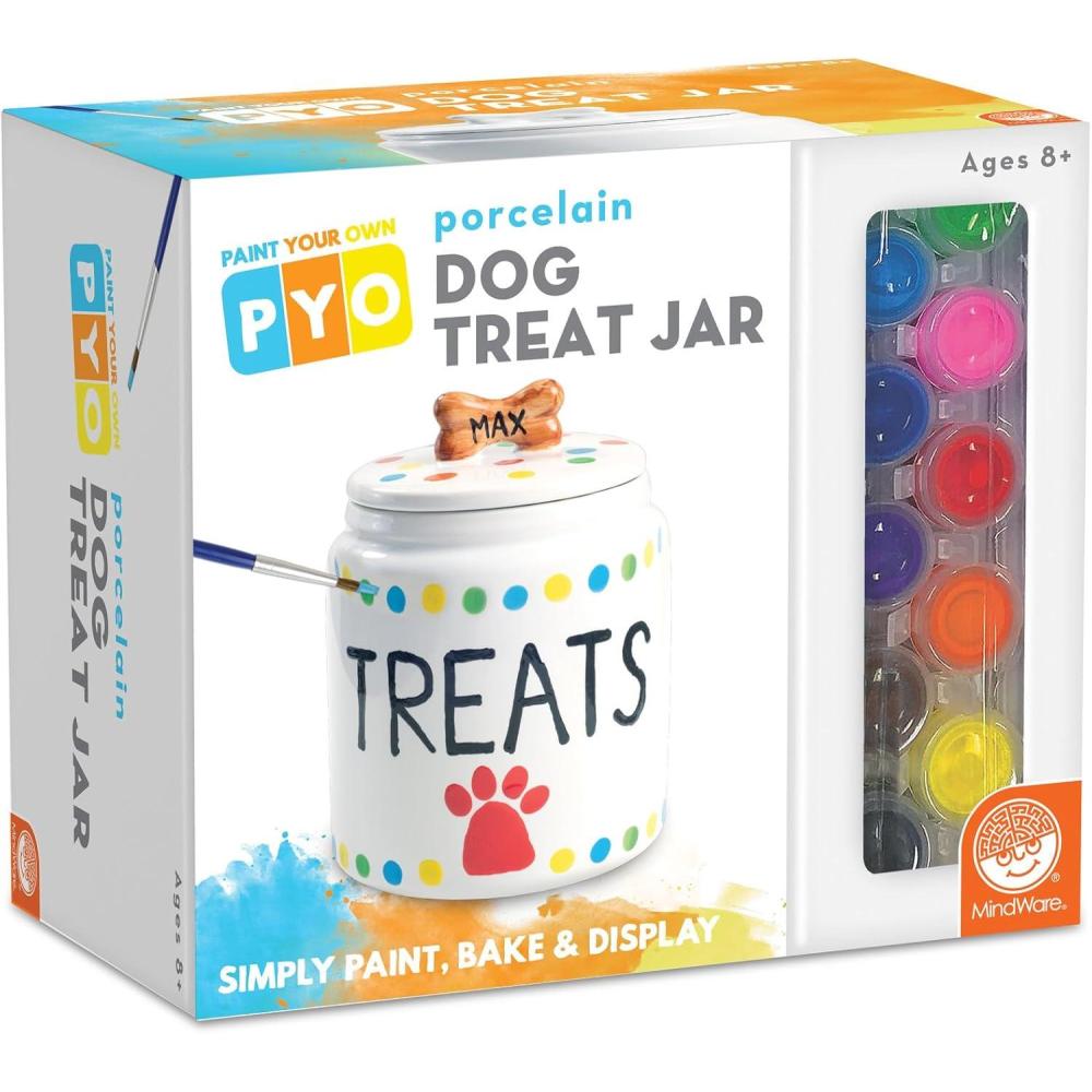 imageMindWare Paint Your Own Porcelain Dog Treat Jar Craft Kit Includes Porcelain Dog Treat jar 12 Bright Colors of Porcelain Paint 2 paintbrushes and Painting Guide