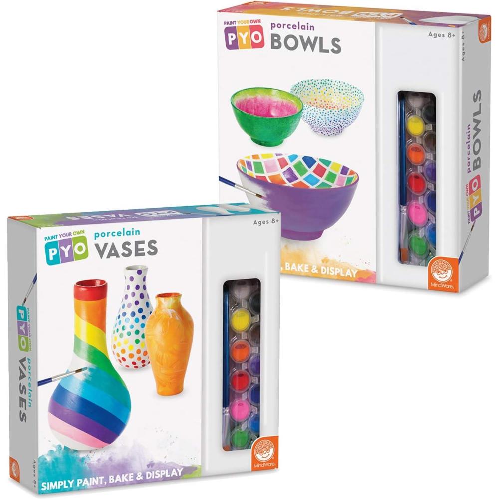 imageMindWare Paint Your Own Porcelain Vases ampamp Bowls Kids Painting Kit Set of 2 Porcelain Paint Kit with Art Supplies Includes 3 Bowls 3 Vases 24 Paints 2 Paintbrushes and Painting Guides Ages 8