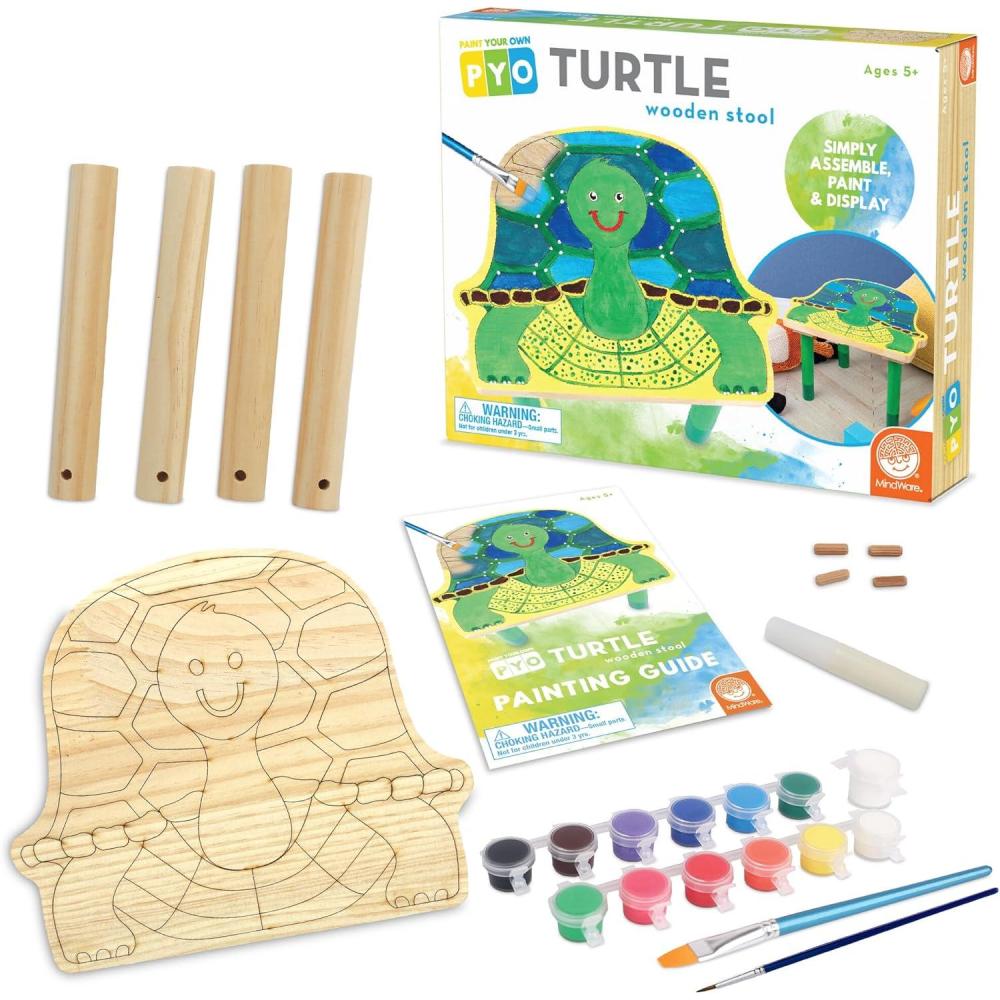 imageMindWare Paint Your Own Turtle Wooden Stool DIY Art Furniture Craft Kit with Paint Brushes and Easy Assembly Parts Paintable Kids Stool for Creative Playroom Decor Kids Age 5