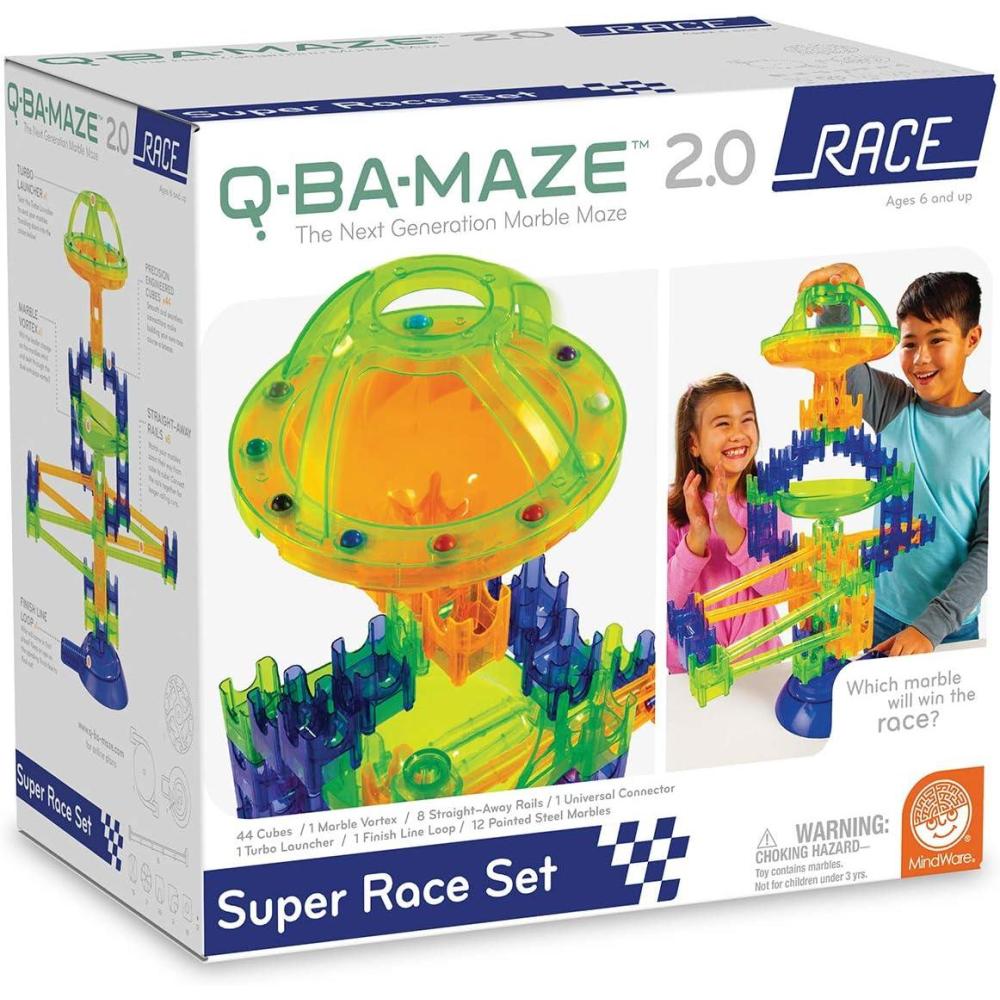 imageMindWare QBAMaze 20 Rally Racing Set Modular Marble Run Building Kit with Cubes Rails Launcher and Marbles STEM Construction Toy for Problem Solving and Speed Play Kids Ages 6