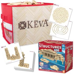 MindWare KEVA Structures 600 Plank Wooden Building Blocks Set, Includes 600 Pine KEVA Planks, 30 Idea Cards and Collapsible Storage Bin