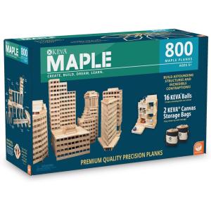 MindWare Maple 800 Plank Wooden Building Blocks Set – Free-Form 3D Structure Building Set for Kids Includes 800 Maple Planks, 16 KEVA Balls, 2 Canvas Storage Bags and Guide Book
