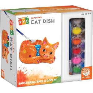 MindWare Paint Your Own Cat Dish – Porcelain Painting Figures for Kids, Teens & Adults Ages 8 & Up – Includes 12 Paints and 2 Brushes