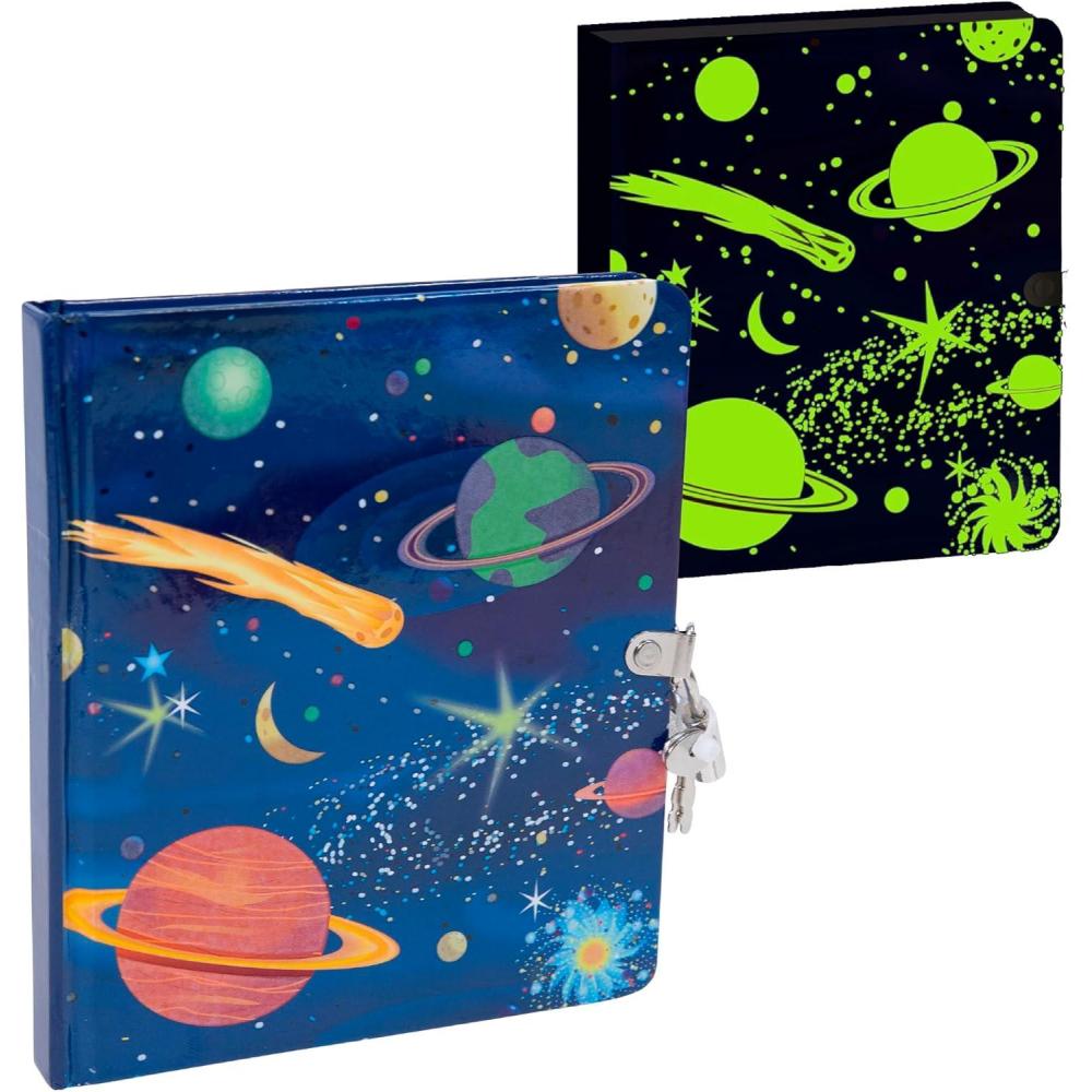imagePeaceable Kingdom Deep Space Glow in the Dark 625quot Lock and Key Lined Page Diary for Kids